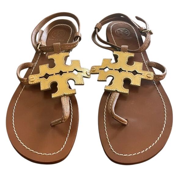 Tory Burch Phoebe brown LEATHER Flat SANDALS with Gold LOGO Women’s Size 6 SH134 - Picture 3 of 4